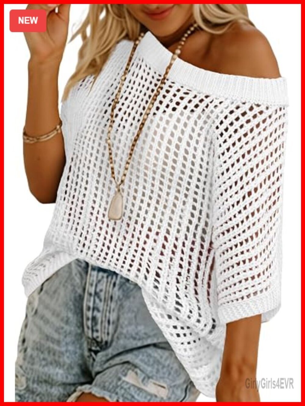 Women Crochet Knit Swim Coverup Scoop Neck Short Sleeve Beach Vacation Top